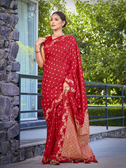 MANOHARI Banarasi Silk Blend Jacquard Work Saree - Red