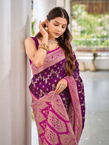 MANOHARI Banarasi Silk Blend Jacquard Work Saree - Purple