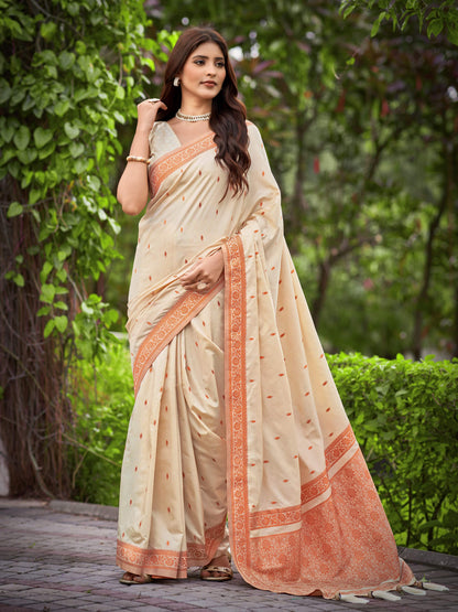 MANOHARI Banarasi Silk Blend Jacquard Work Saree - Beige