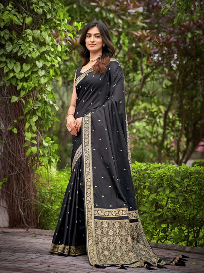 MANOHARI Banarasi Silk Blend Jacquard Work Saree - Black