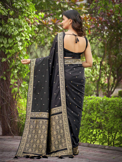 MANOHARI Banarasi Silk Blend Jacquard Work Saree - Black