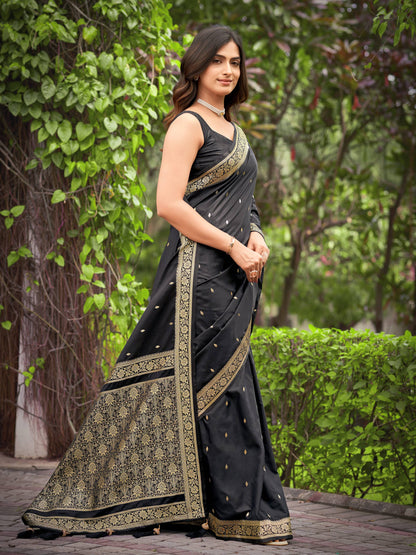 MANOHARI Banarasi Silk Blend Jacquard Work Saree - Black