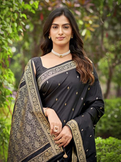 MANOHARI Banarasi Silk Blend Jacquard Work Saree - Black
