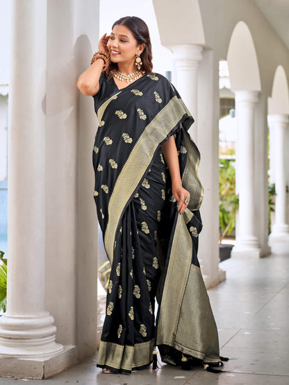 MANOHARI Banarasi Silk Blend Jacquard Work Saree - Black