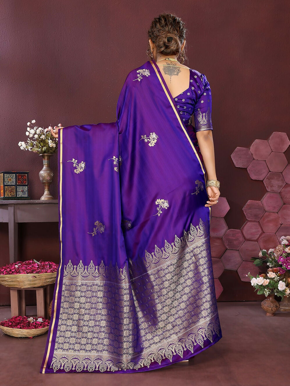 Joban Fashion Rich Purple Floral Banarasi Silk Sarees