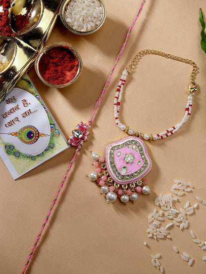 NVR Women & Men Set of 2 Pink Lotus Shape Kundan Stone-Studded & Beaded Bhaiya Bhabhi Rakhi With Roli Chawal & Chocolate
