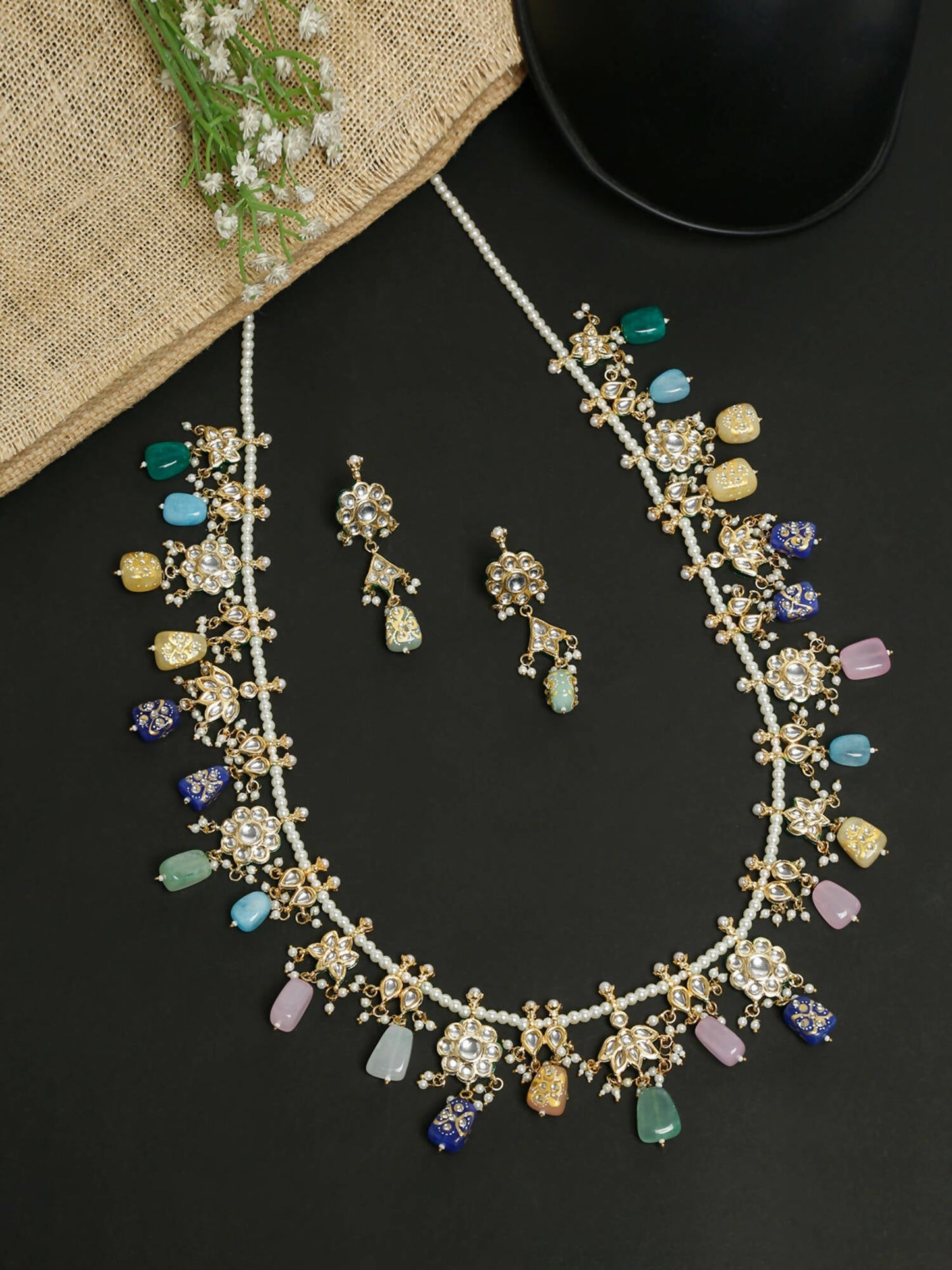 Long Kundan Neckpiece With Studs - Ruby Raang