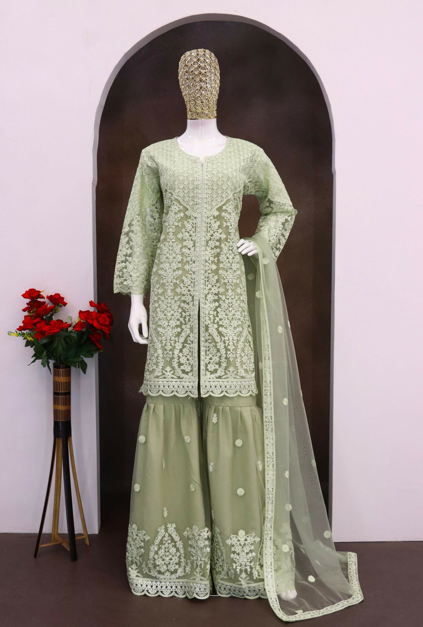 Anaita Green Heavy Net Readymade Suit with Embroidery & Sequence Work
