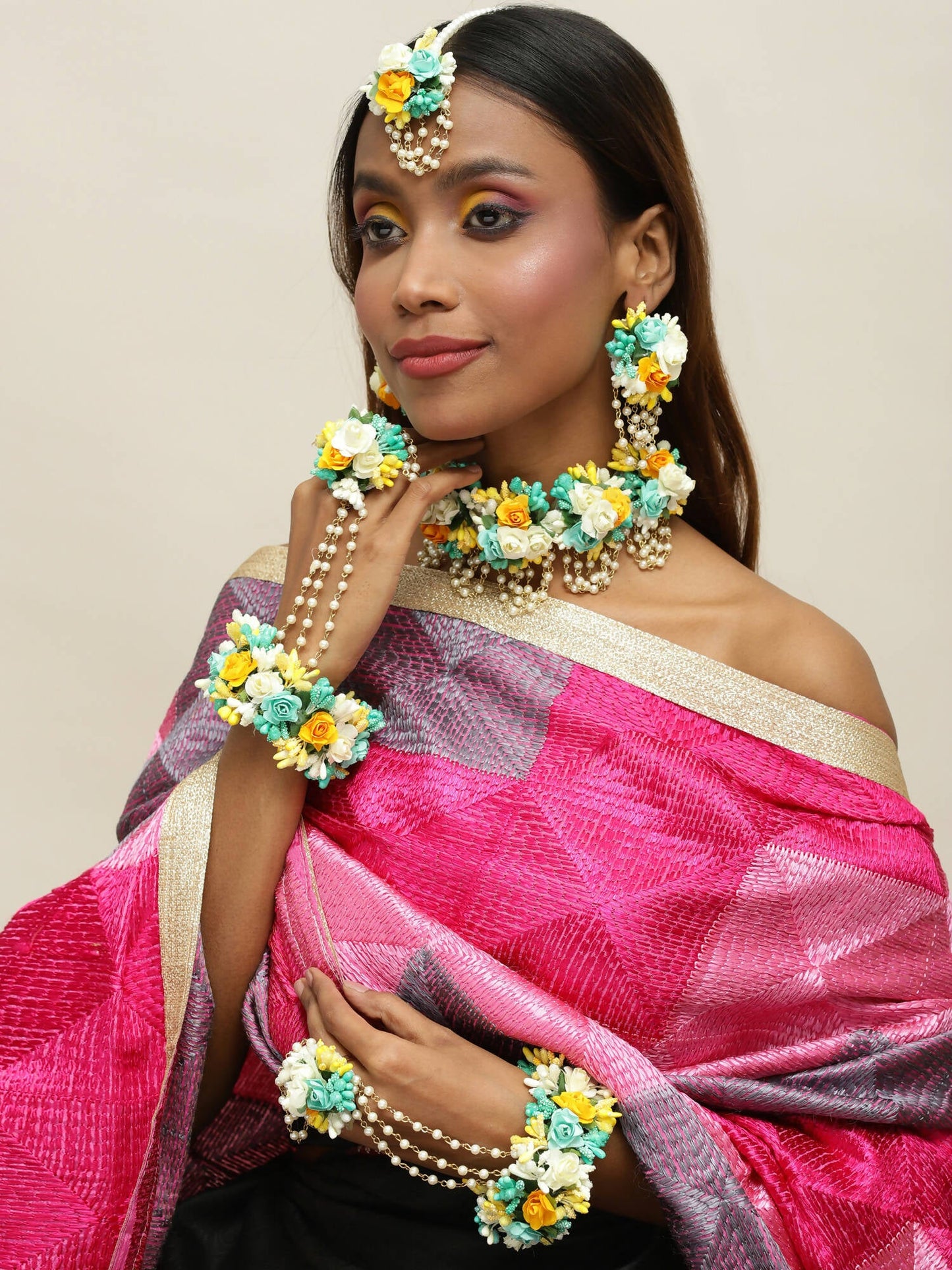 Flower Jewellery Gold-Polished Turquoise Blue Floral Jewellery Set - Ruby Raang
