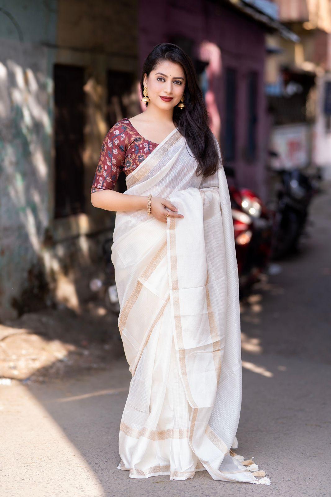 White Silk Blend Kalamkari Saree with Unstitched Blouse - A2M