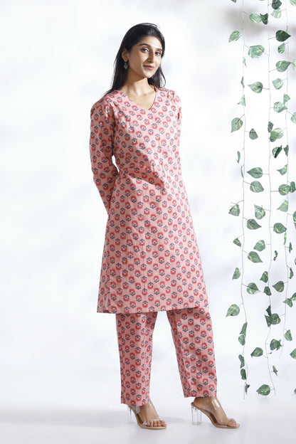 Breathables Women’S Loungewear Long Kurta Co-Ord Set Cotton Pink Indian Motif Butta Print