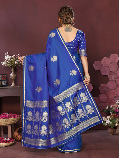 Joban Fashion Royal blue Floral Motifs Banarasi Silk Sarees