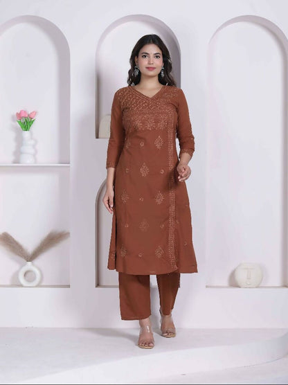 Miravan Womens Brown Floral Printed Angrakha Style Kurta With Palazzo