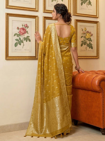 Anaita Mustard Woven Tissue Silk Saree With Blouse