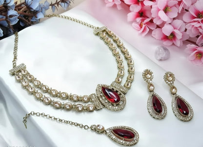 Jewel City Teardrop Bridal Necklace Set with Earrings & Maang Tikka - Ethnic Wedding Jewelry for Brides & Parties