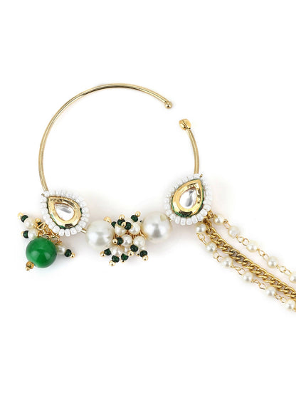 Gold-Polished White Green Kundan-Studded Pearl Beaded Nosepin - Ruby Raang