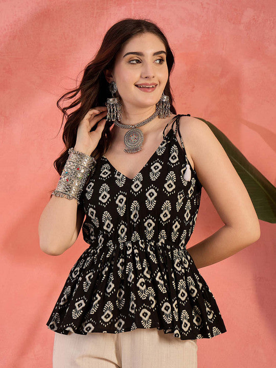 Sangria Printed V-Neck Sleeveless Peplum Top
