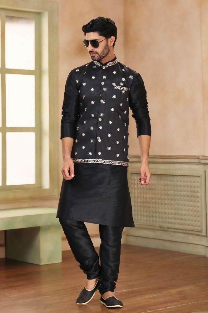 Raivat Ethnic Jacquard Banarasi Silk Woven Work 3 Pics Jacket Set In Black Colour