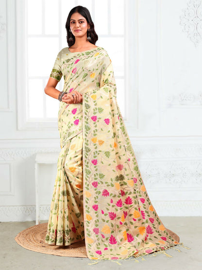 Shree Shyam Fashion Linen Cotton Off White Saree