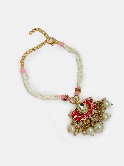 NVR Women & Men Set of 2 Pink Lotus Shape Kundan-Studded & Beaded Handcrafted Wraparound Rakhi Set With Roli Chawal