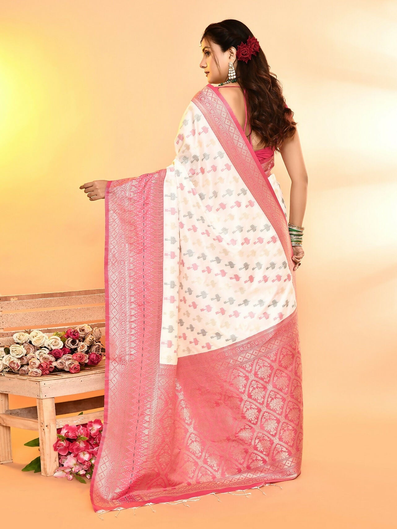 Joban Fashion White & Rani Pink Plain With Weaving Border Banarasi Silk Sarees