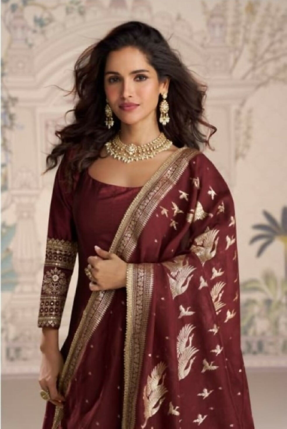Anaita Maroon Vichitra Silk Anarkali Suit with Embroidery Sequins