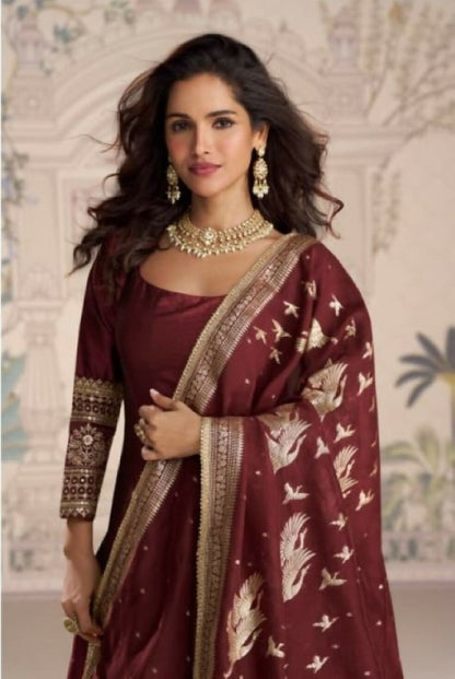 Anaita Maroon Vichitra Silk Anarkali Suit with Embroidery Sequins