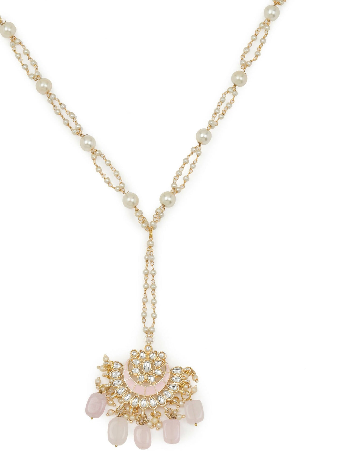 Gold-Polished White Kundan-Studded Pearl Beaded Matha Patti - Ruby Raang