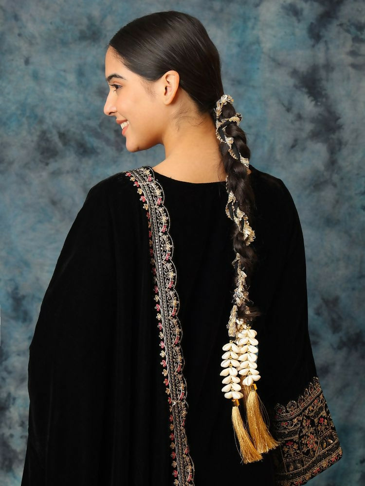 Ruby Raang Gold Gota Pati Work And Black Thread And Shells With Gold Stones