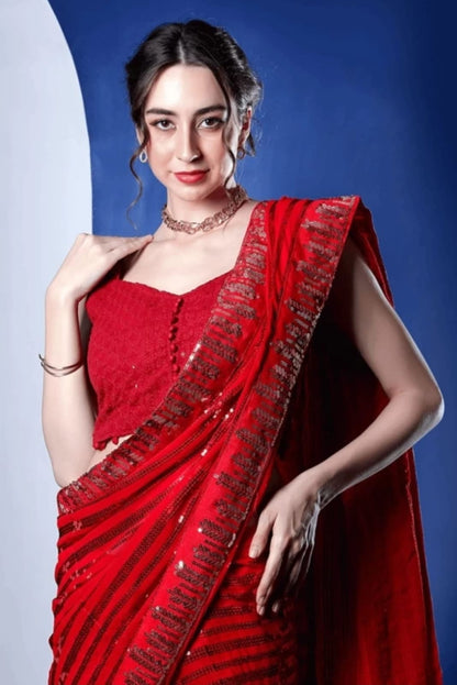 Vamika Embroidery Red Georgette Bollywood Saree