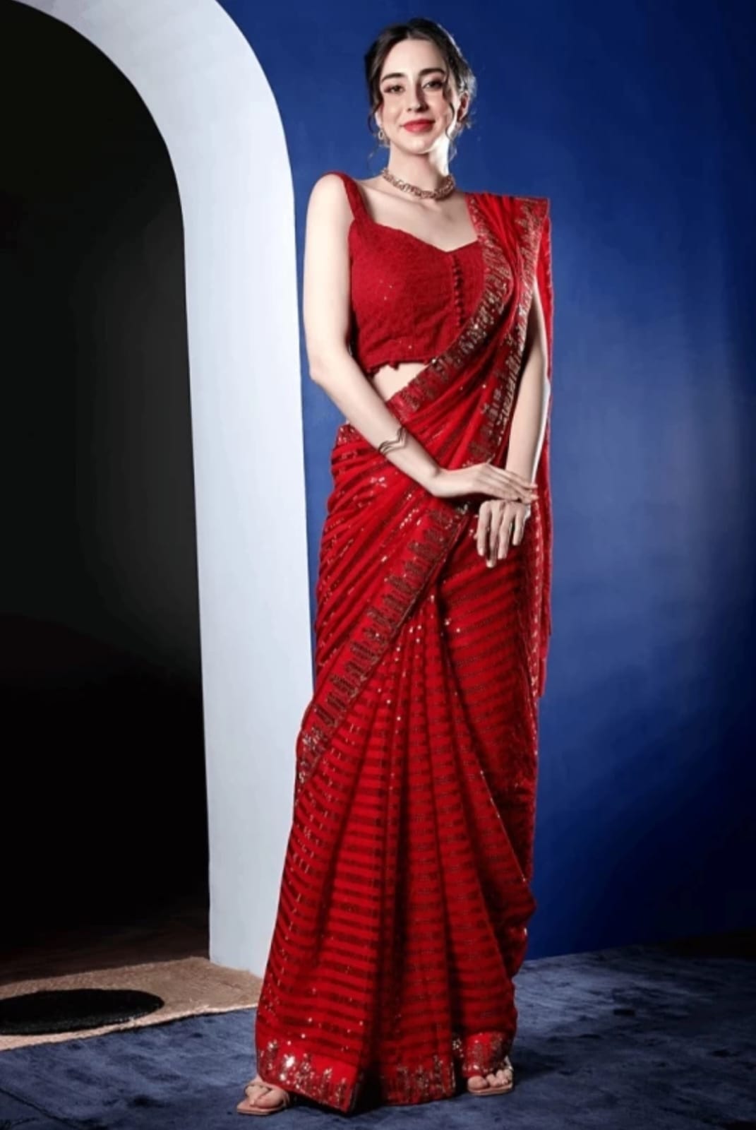 Vamika Embroidery Red Georgette Bollywood Saree
