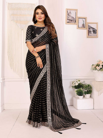 Vedant Vastram Georgette Embroidered & Sequin work Bollywood Fancy Saree - Black