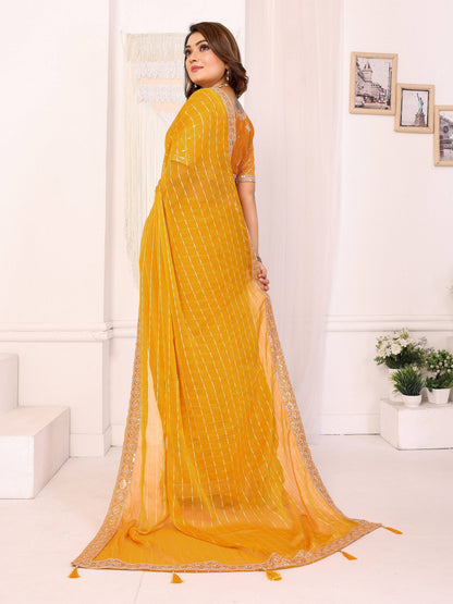 Vedant Vastram Georgette Embroidered & Sequin work Bollywood Fancy Saree - Mustard