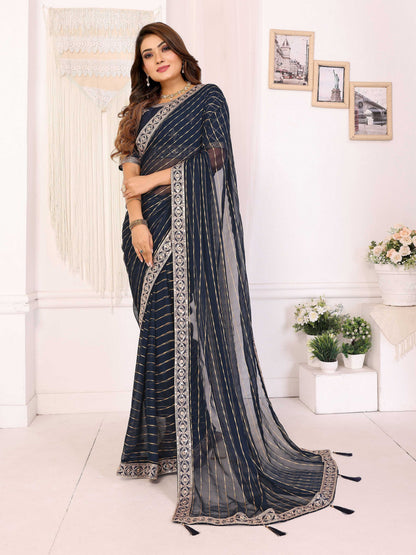 Vedant Vastram Georgette Embroidered & Sequin work Bollywood Fancy Saree - Navy Blue