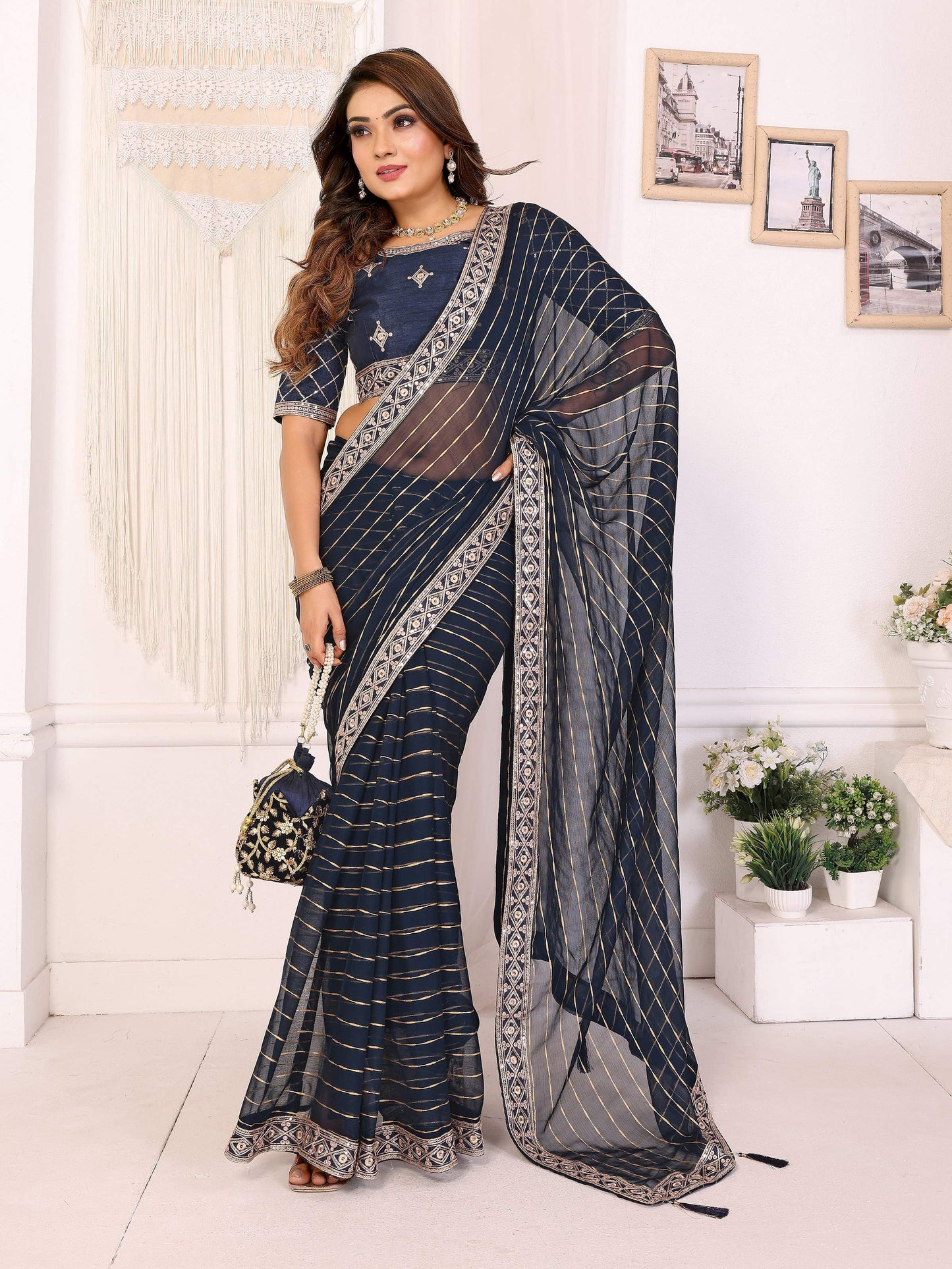Vedant Vastram Georgette Embroidered & Sequin work Bollywood Fancy Saree - Navy Blue