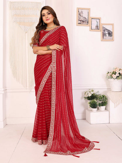 Vedant Vastram Georgette Embroidered & Sequin work Bollywood Fancy Saree - Red