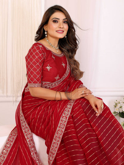 Vedant Vastram Georgette Embroidered & Sequin work Bollywood Fancy Saree - Red