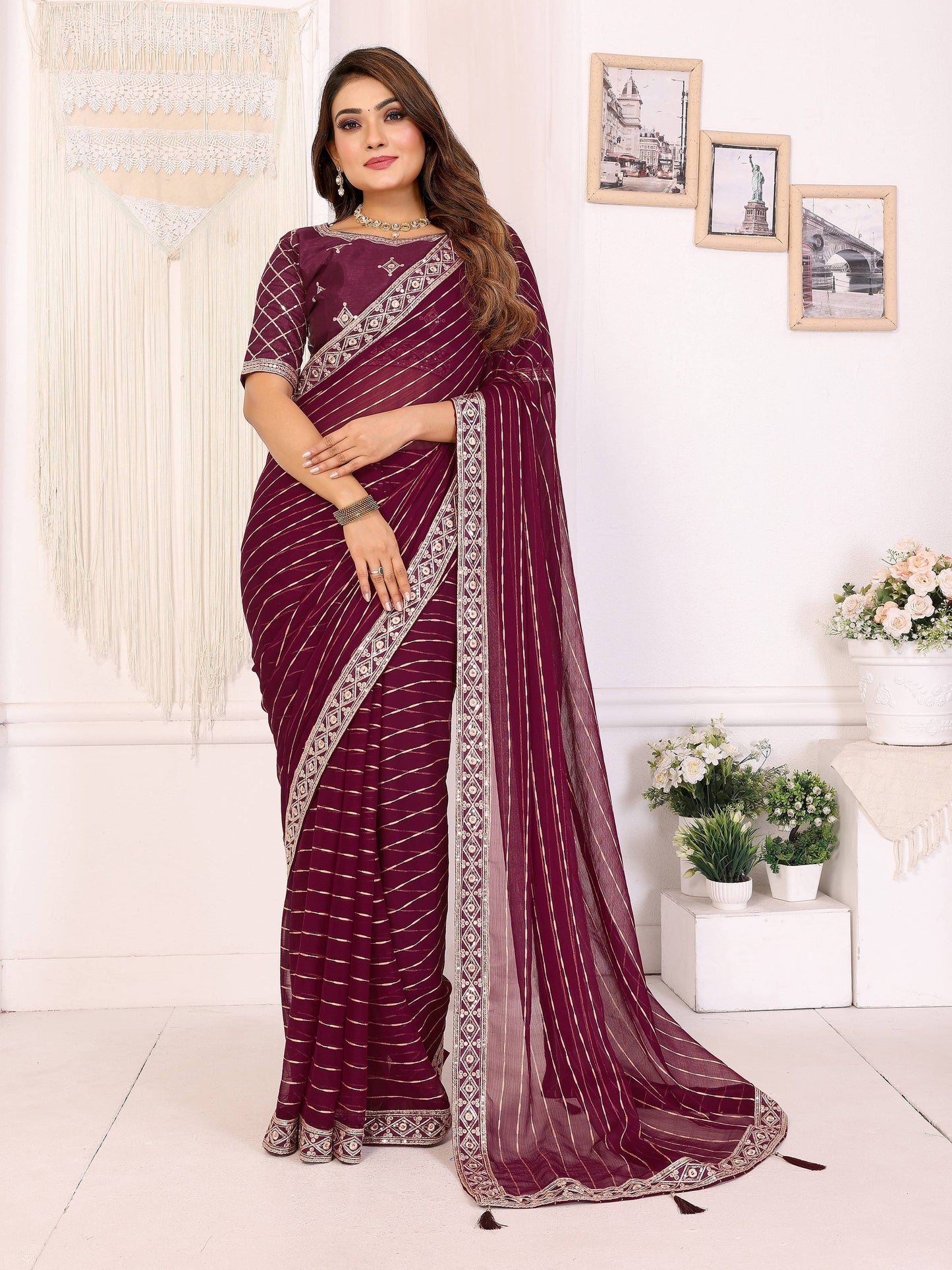 Vedant Vastram Georgette Embroidered & Sequin work Bollywood Fancy Saree - Wine