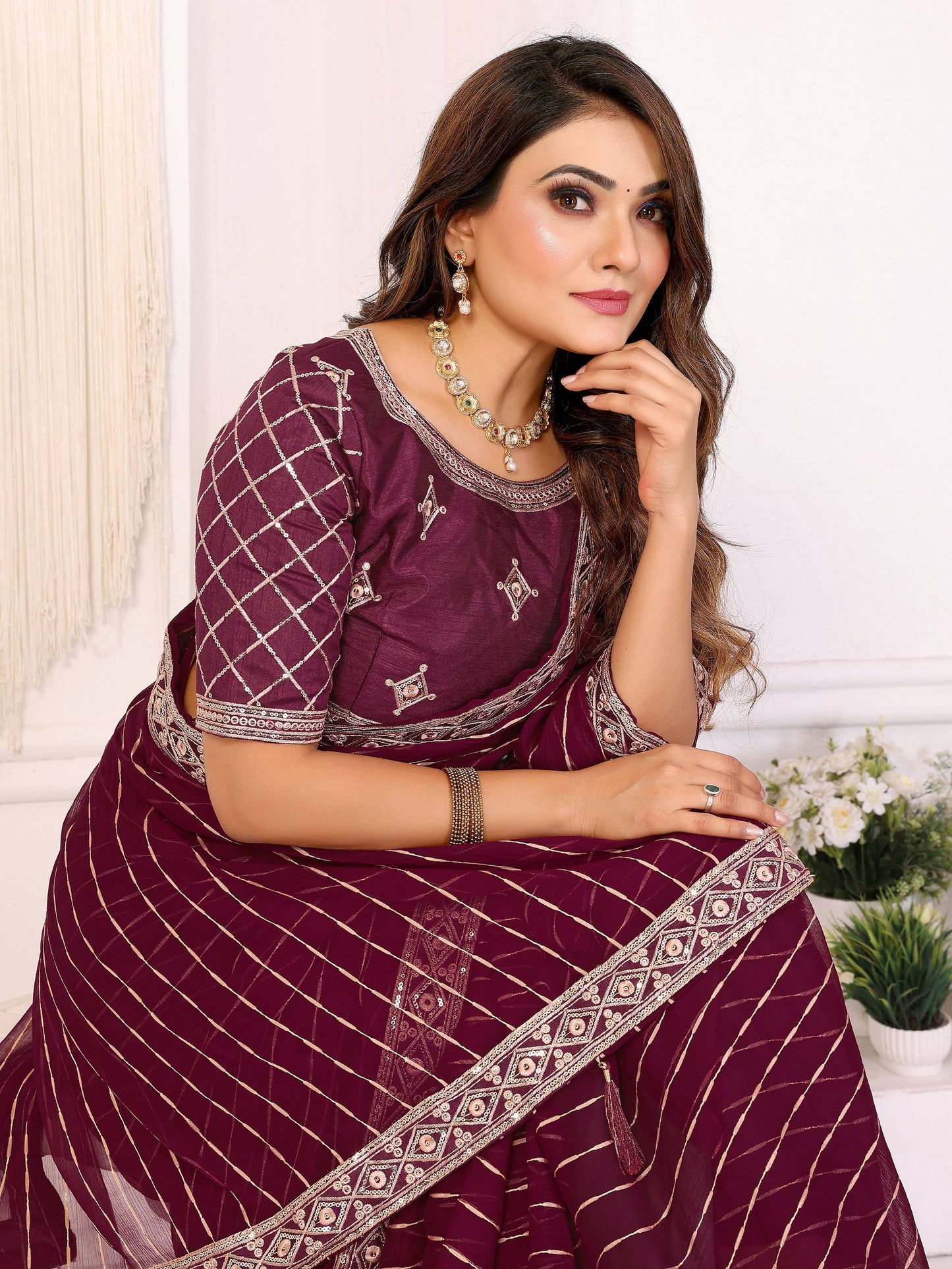 Vedant Vastram Georgette Embroidered & Sequin work Bollywood Fancy Saree - Wine