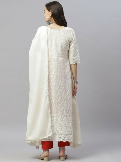Miravan Women's Beige Embroidered Chikankari Kurta & Dupatta