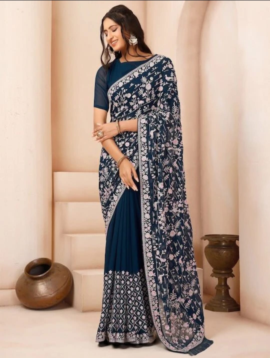 Vamika Embroidery Rama Green Georgette Bollywood Saree