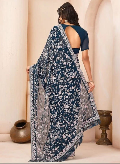 Vamika Embroidery Rama Green Georgette Bollywood Saree