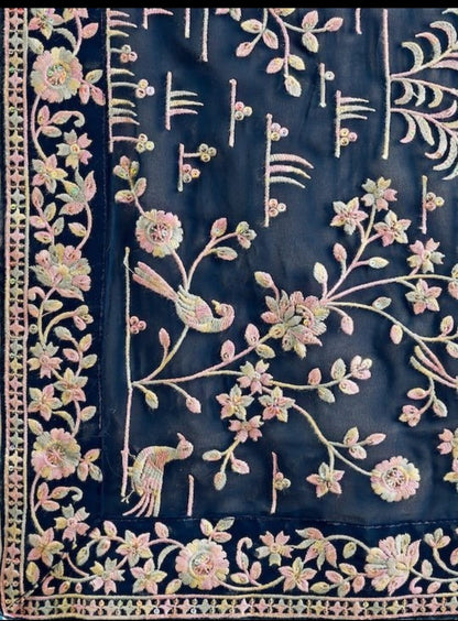 Vamika Embroidery Rama Green Georgette Bollywood Saree