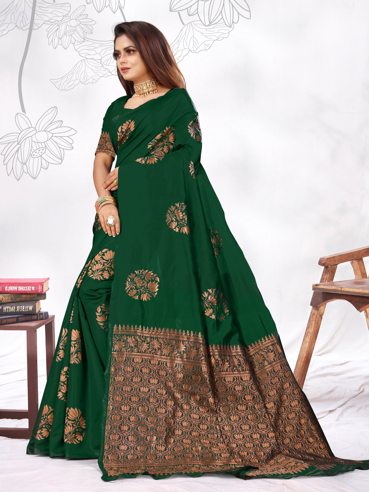 Vedant Vastram Litchi Silk Designer Banarasi Saree - Green