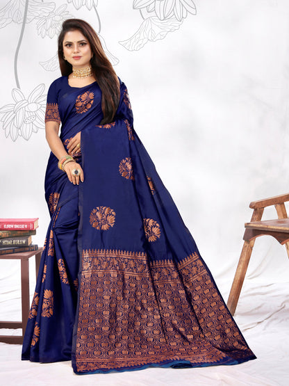 Vedant Vastram Litchi Silk Designer Banarasi Saree - blue