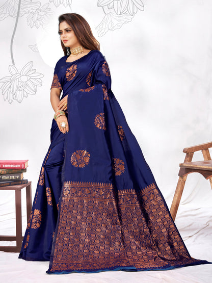 Vedant Vastram Litchi Silk Designer Banarasi Saree - blue