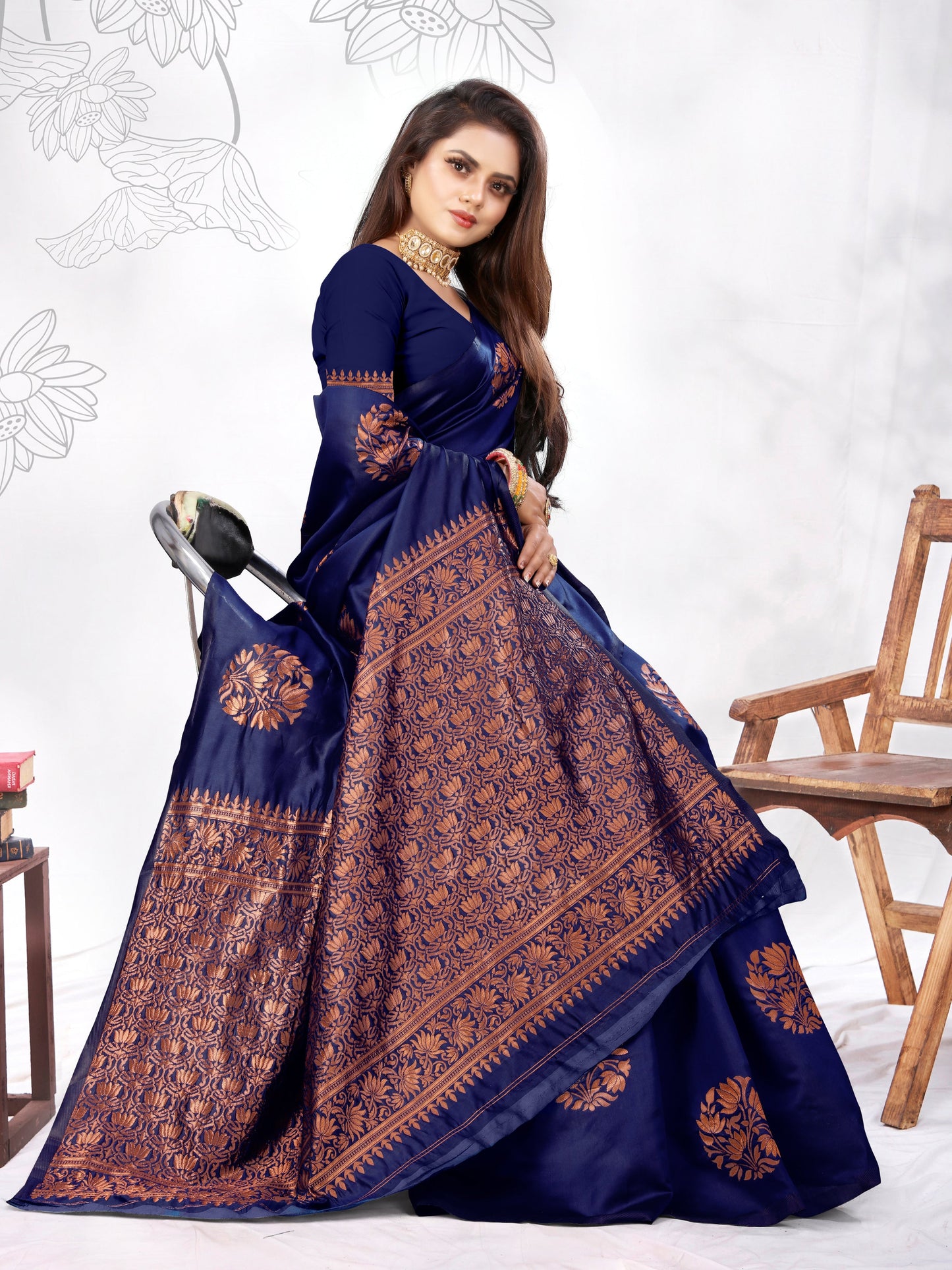 Vedant Vastram Litchi Silk Designer Banarasi Saree - blue