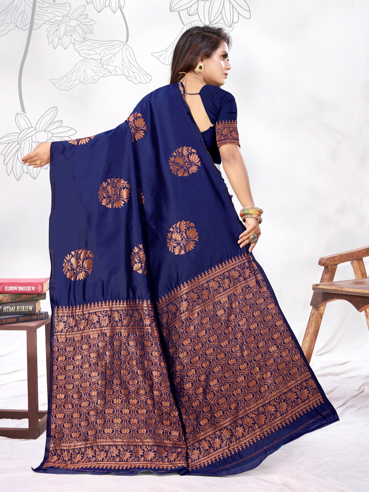 Vedant Vastram Litchi Silk Designer Banarasi Saree - blue