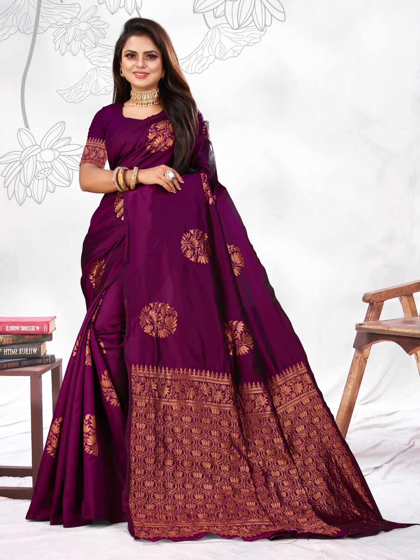 Vedant Vastram Litchi Silk Designer Banarasi Saree - Wine