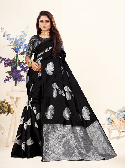 Vedant Vastram Litchi Silk Designer Banarasi Saree - Black